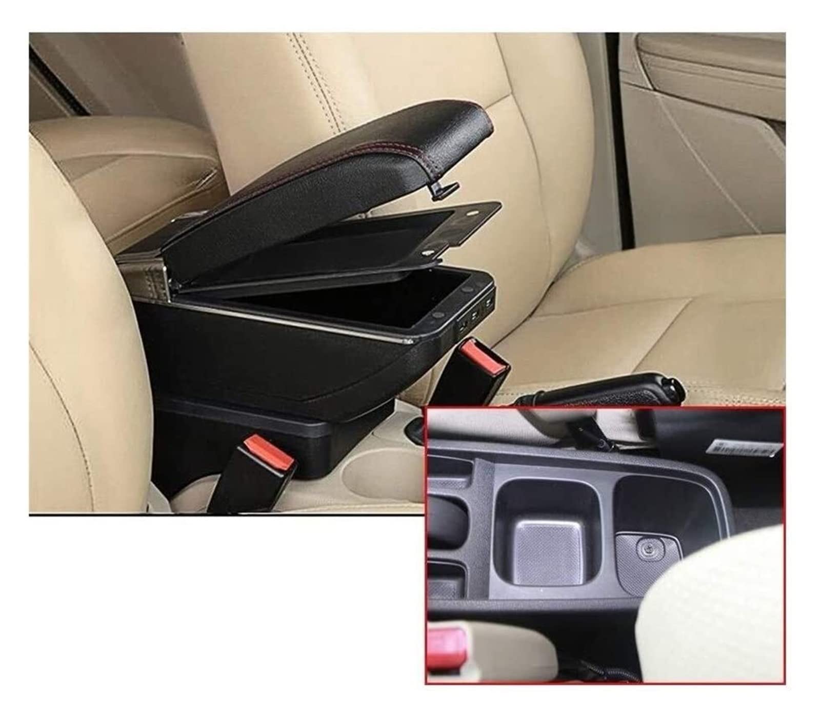 Mittelkonsolen Für Kfz Für Fit Jazz 2008-2013 Auto Armlehnenkasten Top Car Car Carreest Center Console-Ladefunktion Mit USB Ports Doppelter Raum Armlehnen(Schwarz) von BENELKZAFA