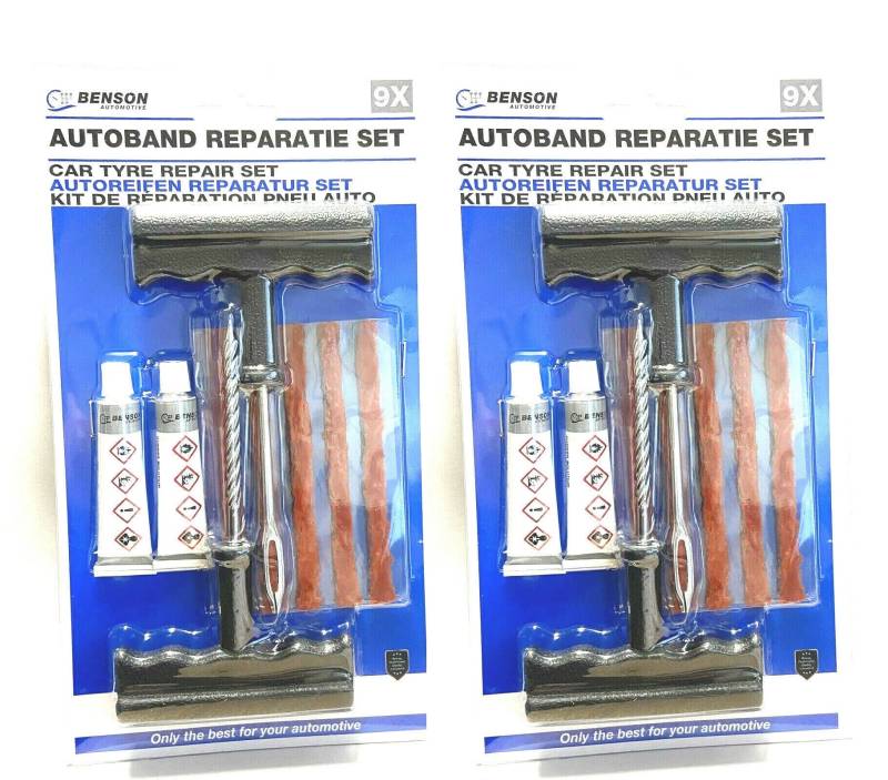 BENSON 2 x Notfall Autoreifen Reparaturset 9-teiliges Flickzeug als Pannenhilfe für Reifenreparatur - 2er Pack von Benson Tools