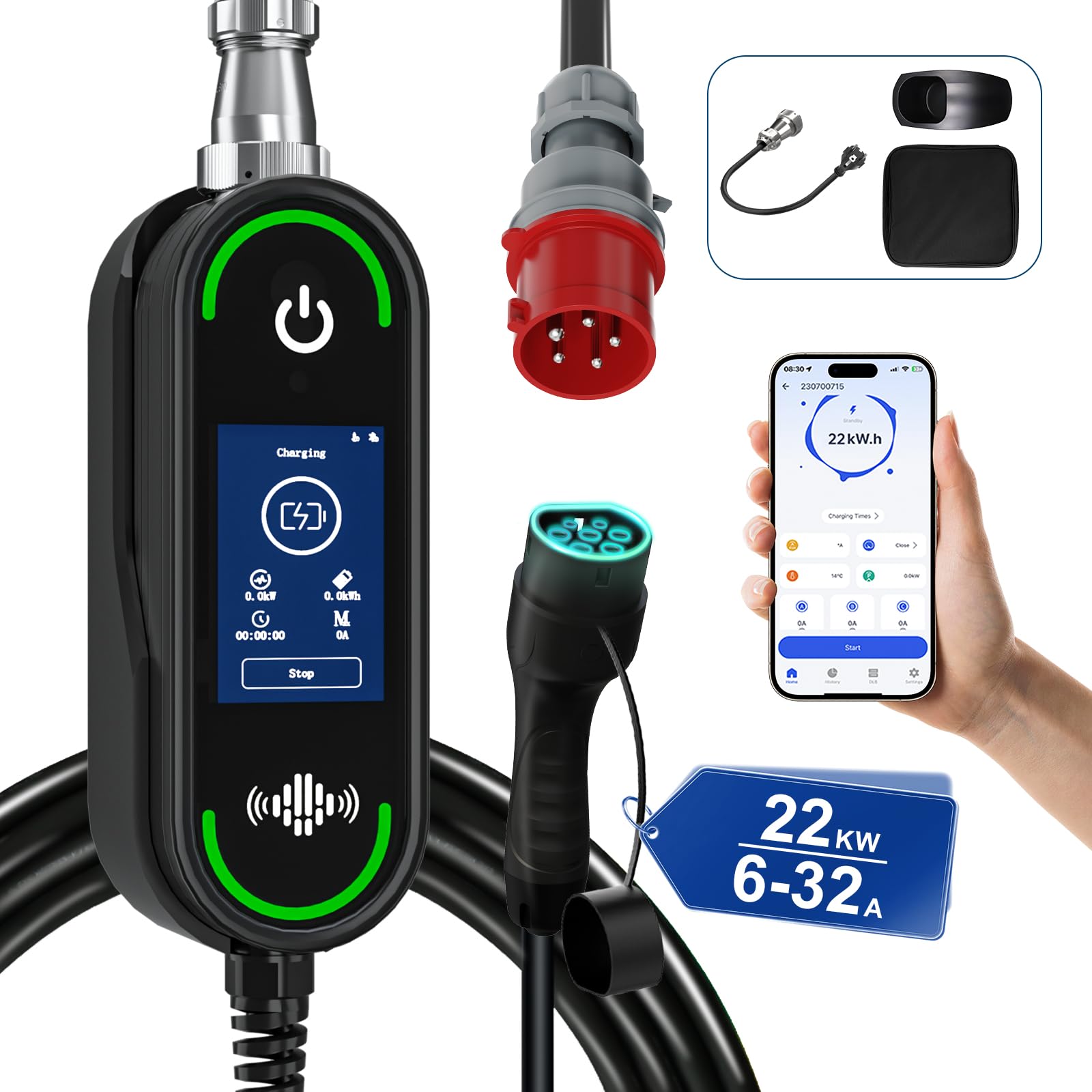 BENY Mobile Wallbox 22kW mit Typ 2 Ladekabel 6m, Smart App-Steuerung 6-32A Einstellbare Ladestation - Tragbare Touchscreen EV Ladegerät für Elektroautos & PHEVs | Adapter CEE32 3-Phasig + EU Schuko von BENY