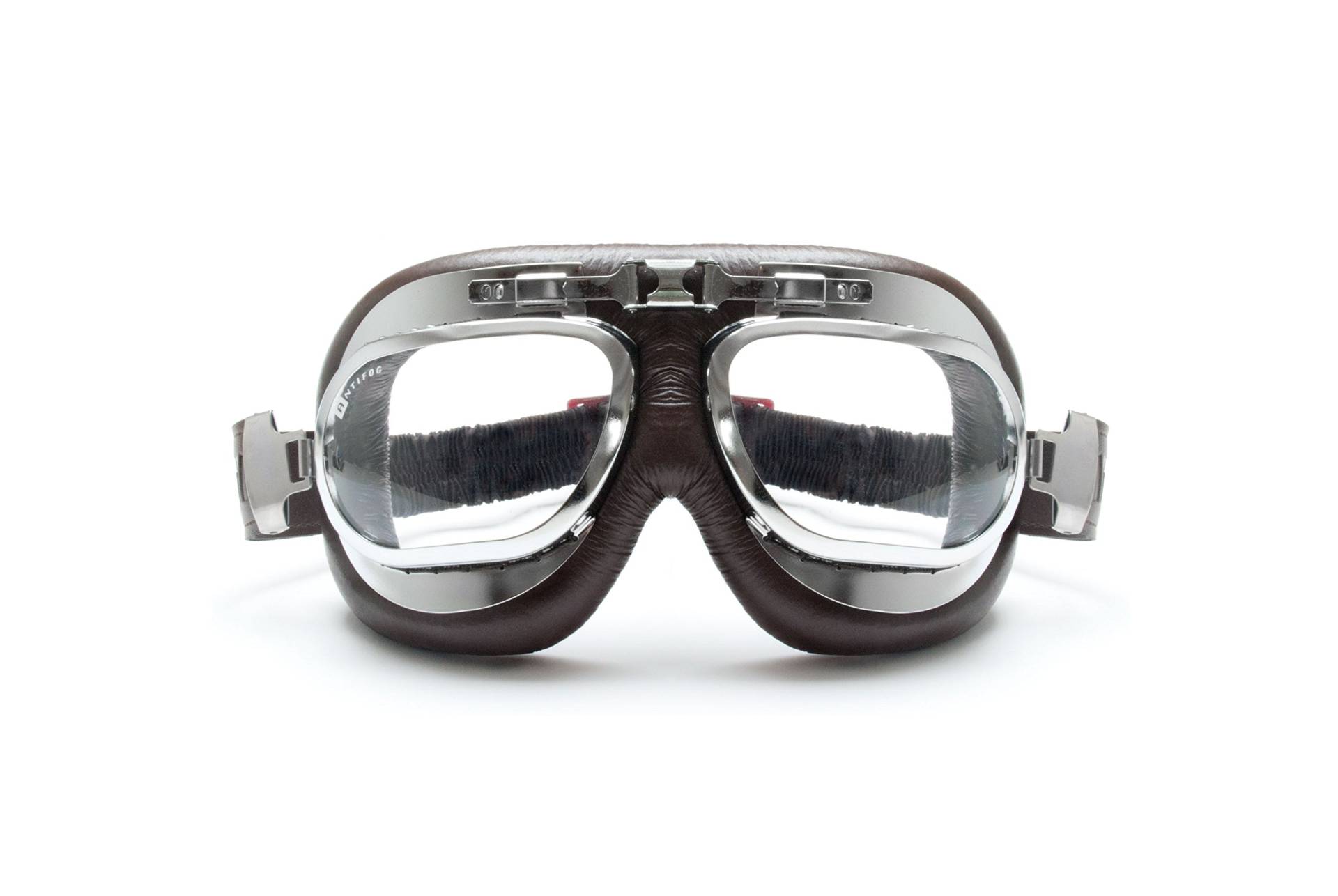 BERTONI Motorradbrille Schutzbrille Vintage mit Chrom Stahlrahmen – Fliegerbrille aus Leder für Harley Davidson und Chopper – Antibeschlag Linsen - AF191CR (Braun) von BERTONI