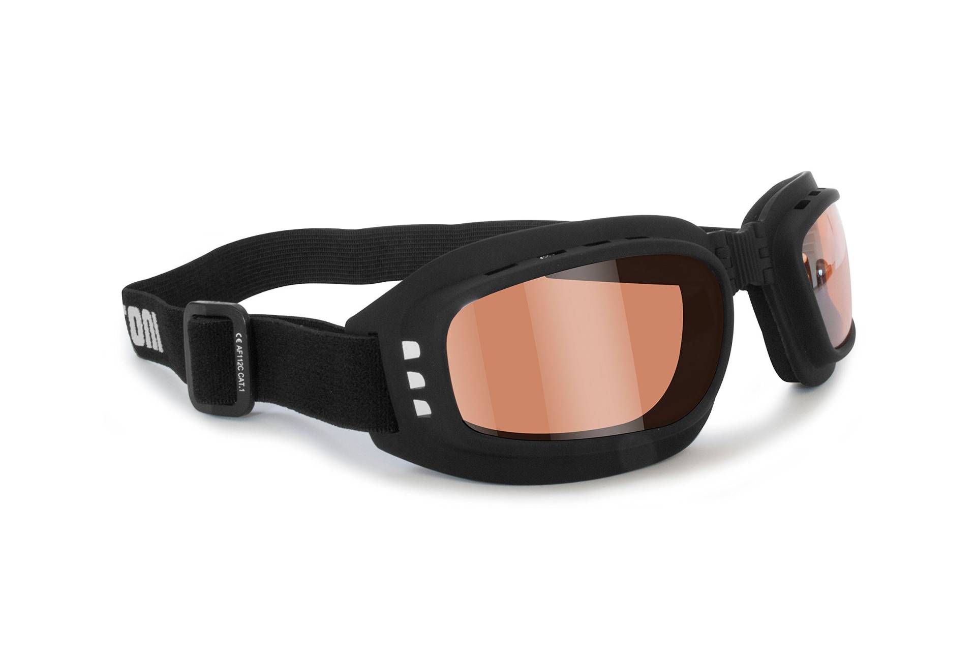 Bertoni Motorradbrille mit stoßfesten Anti-Beschlag-Gläsern – verstellbares Gummiband – AF112 (schwarz Gummi Linse orange) – Motorradbrille für Helm von BERTONI