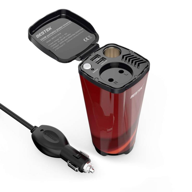 BESTEK Auto Wechselrichter 200W Tasseförmiger KFZ Spannungswandler DC 12V auf AC 230V Power Inverter mit 2 USB Anschlüsse, Zigarettenanzünder-Adapter von BESTEK