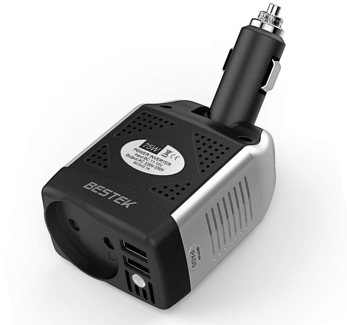 BESTEK KFZ Wechselrichter DC 12V auf AC 230V 75W Spannungswandler mit Einstellbarer Zigarettenanzünder,2 USB Auto Inverter EU Ladegerät für Notebook,Smartphone,MP3,MP4 von BESTEK