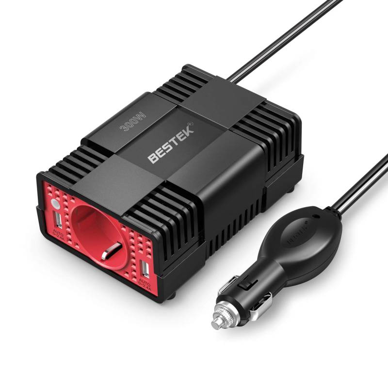 BESTEK Spannungswandler 300W Wechselrichter 12V auf 230V Inverter mit 2 USB Anschlüsse, inkl. Kfz Zigarettenanzünder Stecker, Schwarz von BESTEK