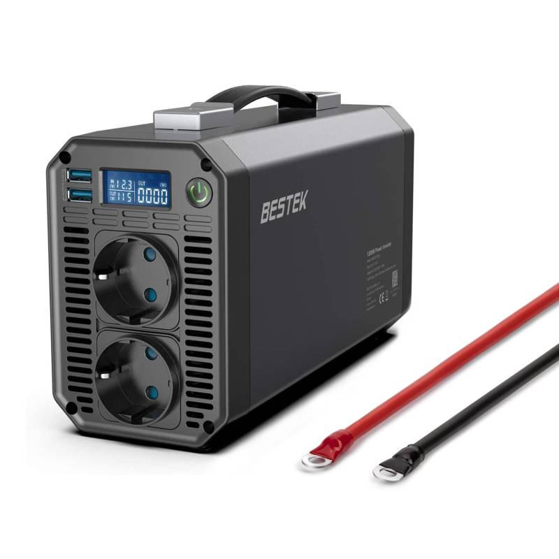 BESTEK Wechselrichter 1200W/12v 230v Spannungswandler Umwandler mit 2 USB 21W, 2 DE-Steckdosen und 1 LCD-Bildschirm, 1 Paar Batterieklemmen und 4 Sicherunge, für Urlaubsreisen im Freien von BESTEK