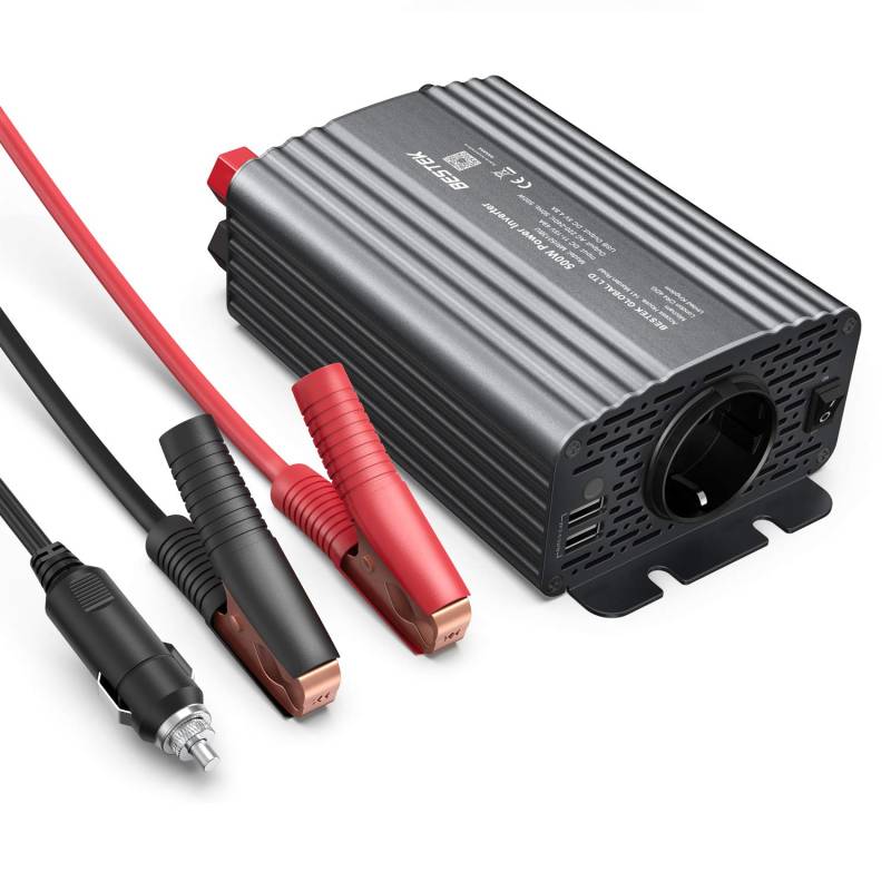 Wechselrichter 500W/BESTEK Spannungswandler DC 12V auf AC 230V/KFZ Inverter mit 2 USB, inklusive Kfz Zigarettenanzünder Stecker Autobatterieclips Grau, 2 Austauschbare Sicherungen von BESTEK