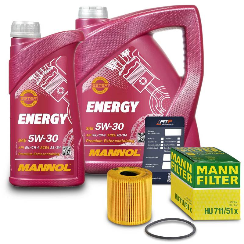 BESTPRICE Inspektionspaket Ölwechsel Filterset 1x MANN-FILTER Ölfilter 1x MANNOL Motoröl 5W-30 ENERGY 6L; 1x MANNOL 1x Ölwechselanhänger von BESTPRICE