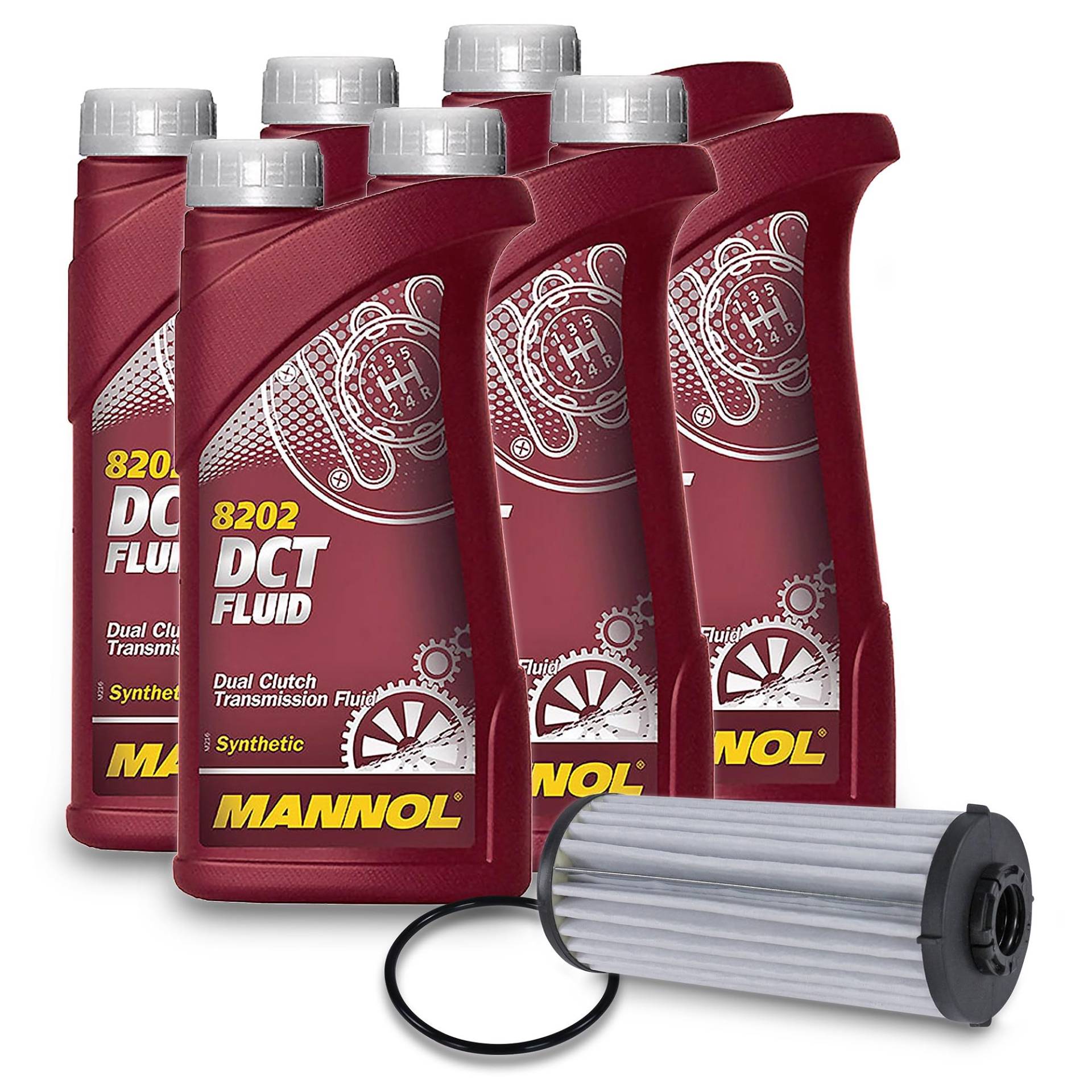 BESTPRICE Inspektionspaket Filterset mit 1x Hydraulikfilter inkl. Dichtung; 6x 1l DCT MANNOL DSG - Getriebeöl von BESTPRICE