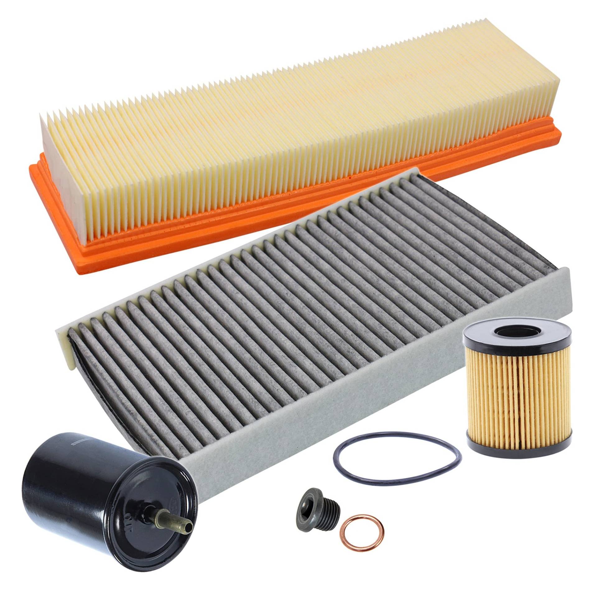 Inspektionspaket SET B 1x Ölfilter 1x Luftfilter 1x Innenraumfilter (Pollenfilter) mit Aktivkohle 1x Kraftstofffilter 1x Ölablass-Schraube 1x Dichtring für Ölablass-Schraube von BESTPRICE