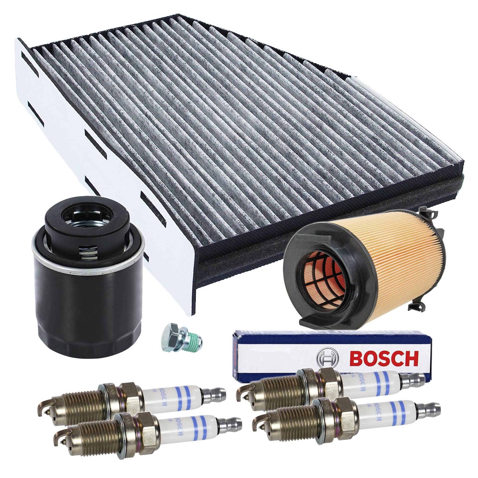 Inspektionspaket SET C 1x Ölfilter 1x Luftfilter 1x Innenraumfilter (Pollenfilter) mit Aktivkohle 4x Zündkerze Original BOSCH Doppelplatin FR6HI332 1x Ölablass-Schraube 1x Dichtring für Ölablass-Schraube von BESTPRICE