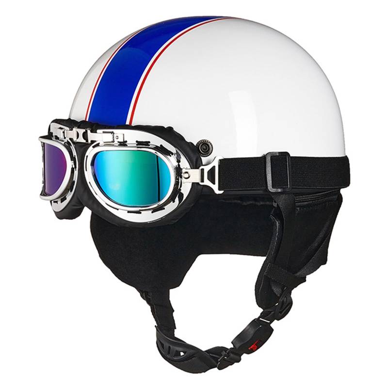 Halbschalenhelm ECE Zertifizierung Retro Brain-Cap Halbschale Helm Jethelm,Scooter-Helm Fahrradhelm,mit Schutzbrille Motorrad Half Helm für Damen Herren Erwachsene D,54-60CM von BGGNG