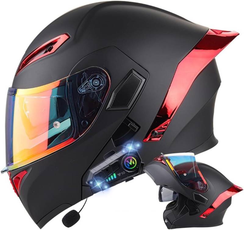 Klapphelm mit Bluetooth, Bluetooth Integralhelm Motorradhelm mit Doppelvisier, ECE Zertifiziert Hohe Qualität Helm, Verschiedene farbige Linsen, für Frauen Männer B,2XL=63-64CM von BGGNG