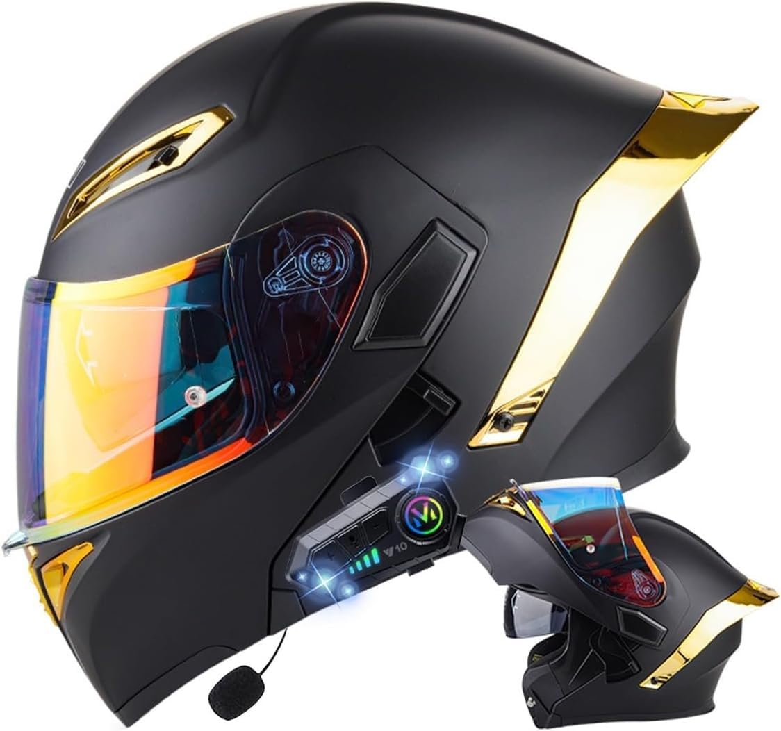 Klapphelm mit Bluetooth, Bluetooth Integralhelm Motorradhelm mit Doppelvisier, ECE Zertifiziert Hohe Qualität Helm, Verschiedene farbige Linsen, für Frauen Männer C,2XL=63-64CM von BGGNG