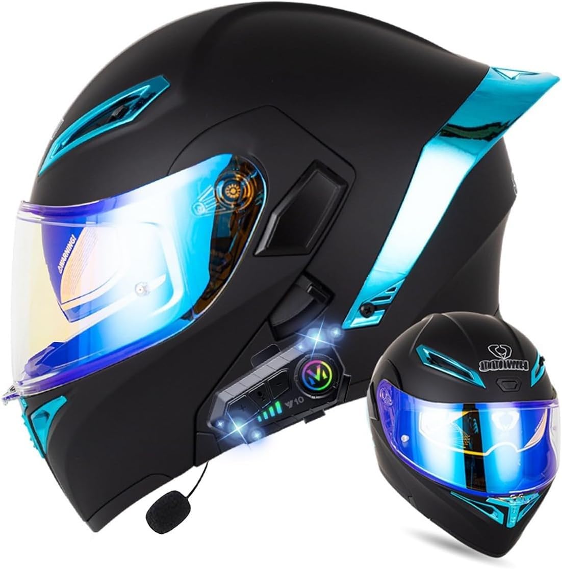 Klapphelm mit Bluetooth, Bluetooth Integralhelm Motorradhelm mit Doppelvisier, ECE Zertifiziert Hohe Qualität Helm, Verschiedene farbige Linsen, für Frauen Männer D,2XL=63-64CM von BGGNG