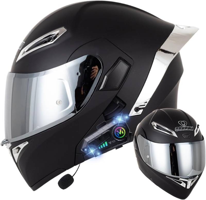 Klapphelm mit Bluetooth, Bluetooth Integralhelm Motorradhelm mit Doppelvisier, ECE Zertifiziert Hohe Qualität Helm, Verschiedene farbige Linsen, für Frauen Männer E,L=59-60CM von BGGNG