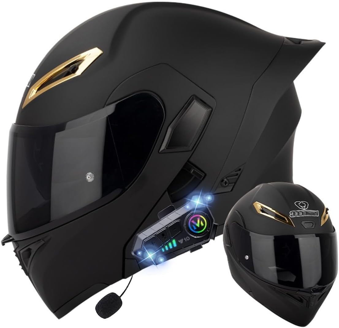 Klapphelm mit Bluetooth, Bluetooth Integralhelm Motorradhelm mit Doppelvisier, ECE Zertifiziert Hohe Qualität Helm, Verschiedene farbige Linsen, für Frauen Männer F,2XL=63-64CM von BGGNG