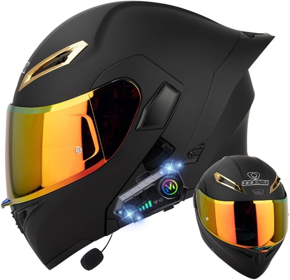 Klapphelm mit Bluetooth, Bluetooth Integralhelm Motorradhelm mit Doppelvisier, ECE Zertifiziert Hohe Qualität Helm, Verschiedene farbige Linsen, für Frauen Männer G,XL=61-62CM von BGGNG