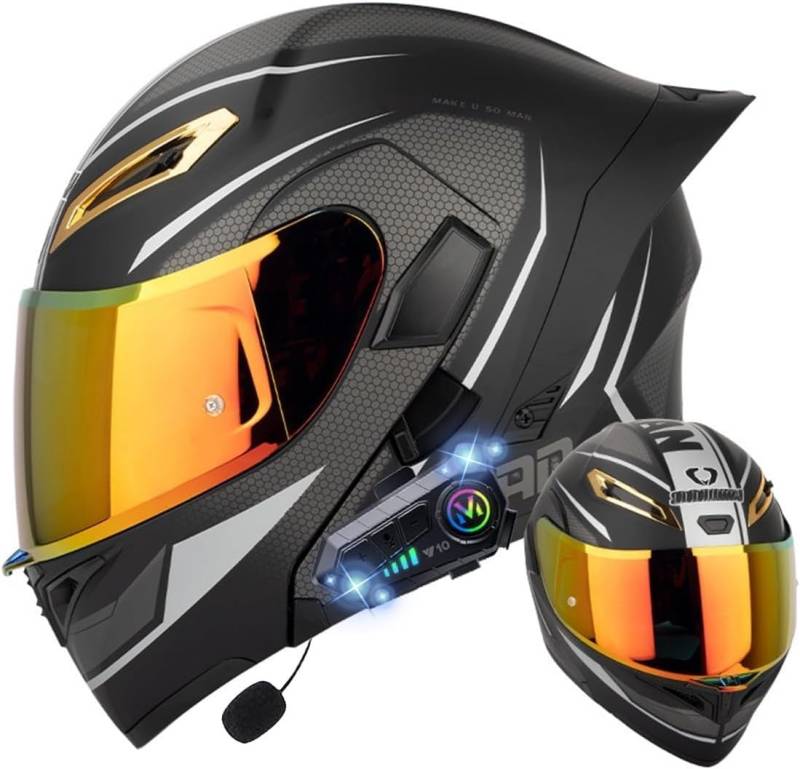 Klapphelm mit Bluetooth, Bluetooth Integralhelm Motorradhelm mit Doppelvisier, ECE Zertifiziert Hohe Qualität Helm, Verschiedene farbige Linsen, für Frauen Männer H,2XL=63-64CM von BGGNG