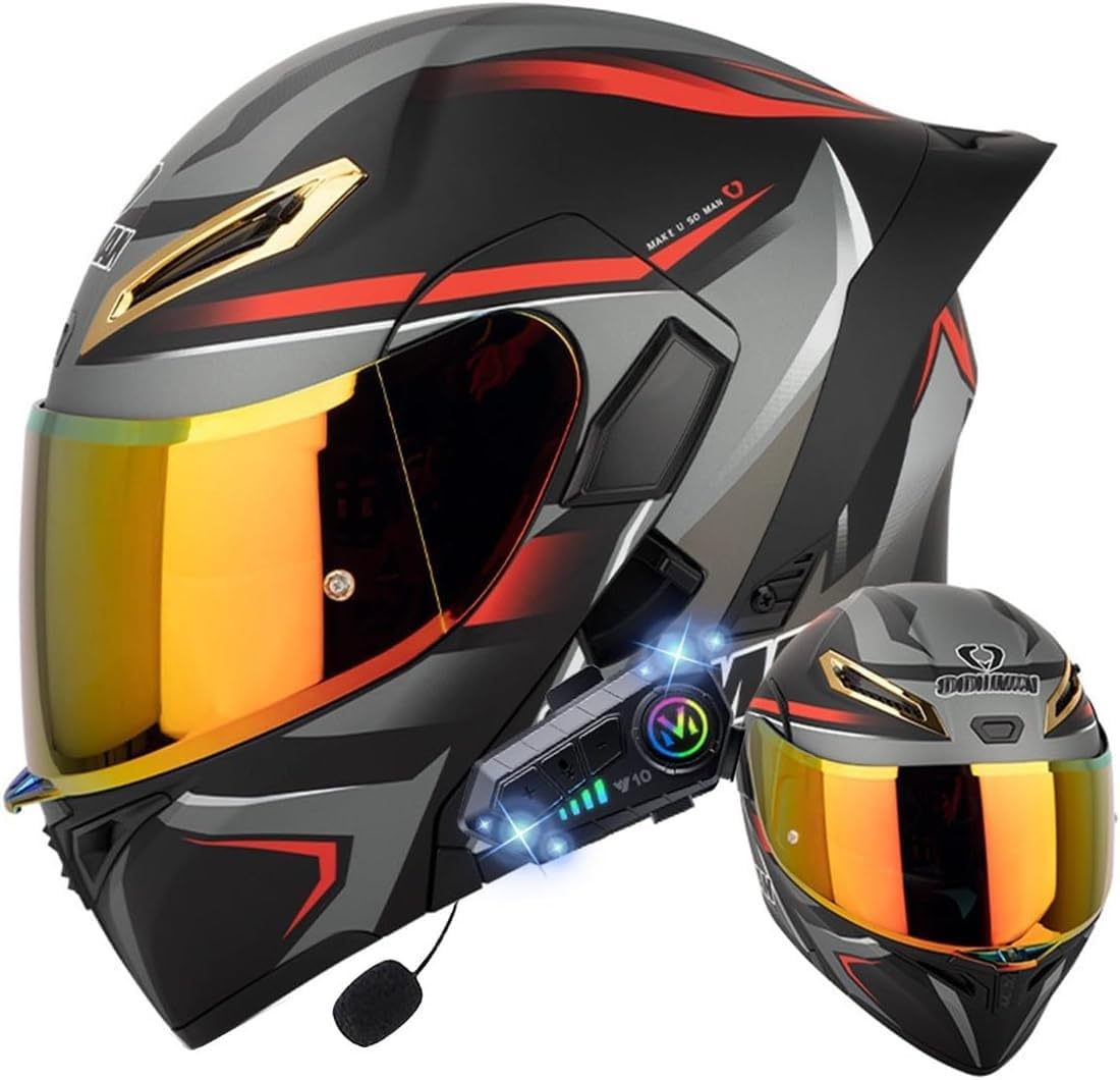 Klapphelm mit Bluetooth, Bluetooth Integralhelm Motorradhelm mit Doppelvisier, ECE Zertifiziert Hohe Qualität Helm, Verschiedene farbige Linsen, für Frauen Männer I,L=59-60CM von BGGNG