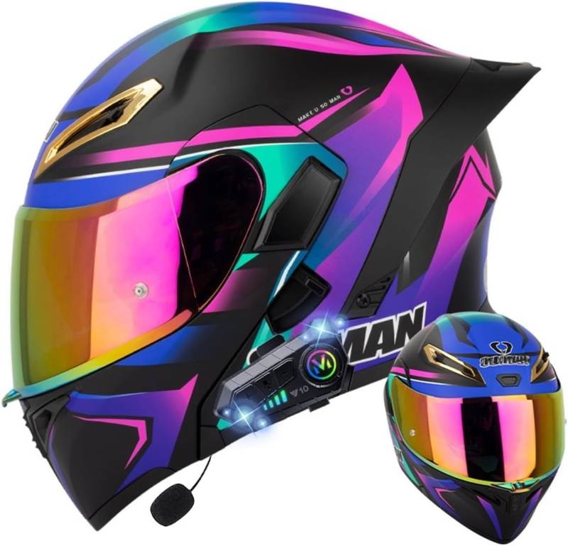 Klapphelm mit Bluetooth, Bluetooth Integralhelm Motorradhelm mit Doppelvisier, ECE Zertifiziert Hohe Qualität Helm, Verschiedene farbige Linsen, für Frauen Männer J,M=57-58CM von BGGNG