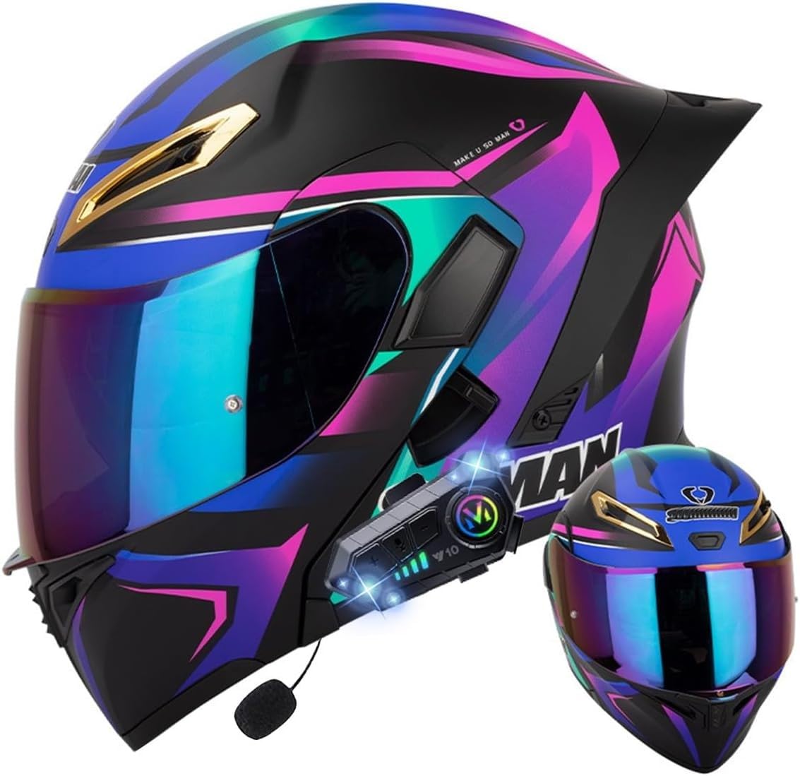 Klapphelm mit Bluetooth, Bluetooth Integralhelm Motorradhelm mit Doppelvisier, ECE Zertifiziert Hohe Qualität Helm, Verschiedene farbige Linsen, für Frauen Männer K,XL=61-62CM von BGGNG