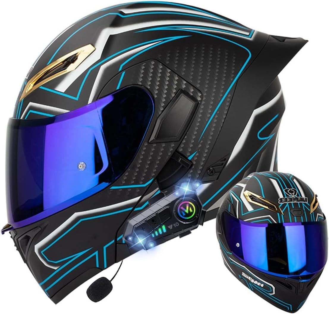 Klapphelm mit Bluetooth, Bluetooth Integralhelm Motorradhelm mit Doppelvisier, ECE Zertifiziert Hohe Qualität Helm, Verschiedene farbige Linsen, für Frauen Männer L,L=59-60CM von BGGNG