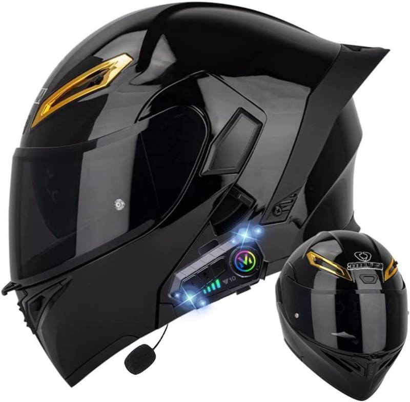 Klapphelm mit Bluetooth, Bluetooth Integralhelm Motorradhelm mit Doppelvisier, ECE Zertifiziert Hohe Qualität Helm, Verschiedene farbige Linsen, für Frauen Männer M,2XL=63-64CM von BGGNG