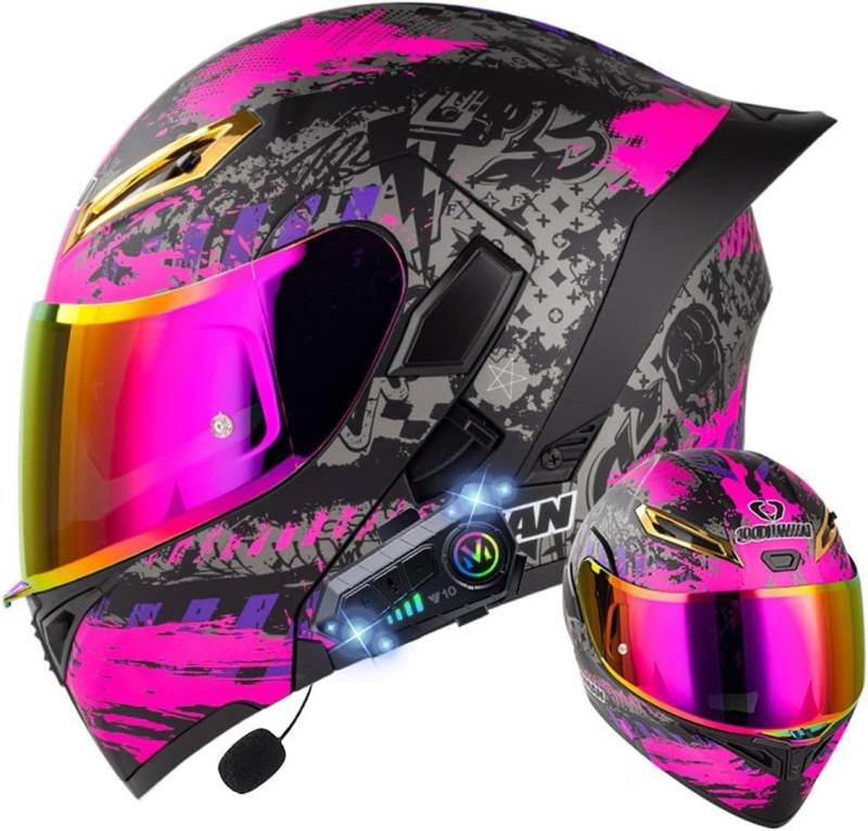 Klapphelm mit Bluetooth, Bluetooth Integralhelm Motorradhelm mit Doppelvisier, ECE Zertifiziert Hohe Qualität Helm, Verschiedene farbige Linsen, für Frauen Männer P,2XL=63-64CM von BGGNG