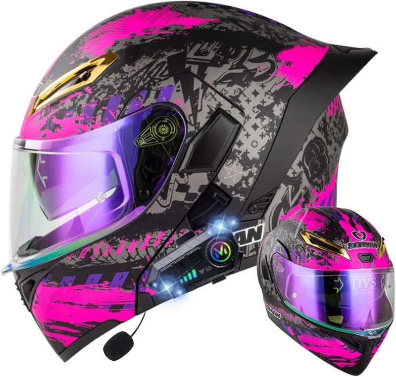 Klapphelm mit Bluetooth, Bluetooth Integralhelm Motorradhelm mit Doppelvisier, ECE Zertifiziert Hohe Qualität Helm, Verschiedene farbige Linsen, für Frauen Männer Q,2XL=63-64CM von BGGNG