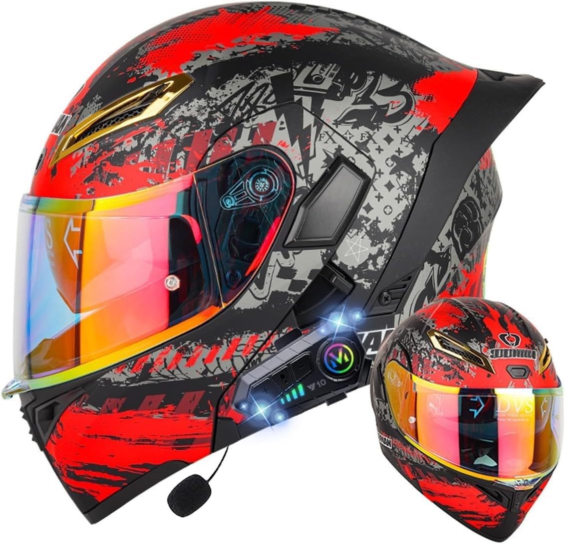 Klapphelm mit Bluetooth, Bluetooth Integralhelm Motorradhelm mit Doppelvisier, ECE Zertifiziert Hohe Qualität Helm, Verschiedene farbige Linsen, für Frauen Männer R,2XL=63-64CM von BGGNG