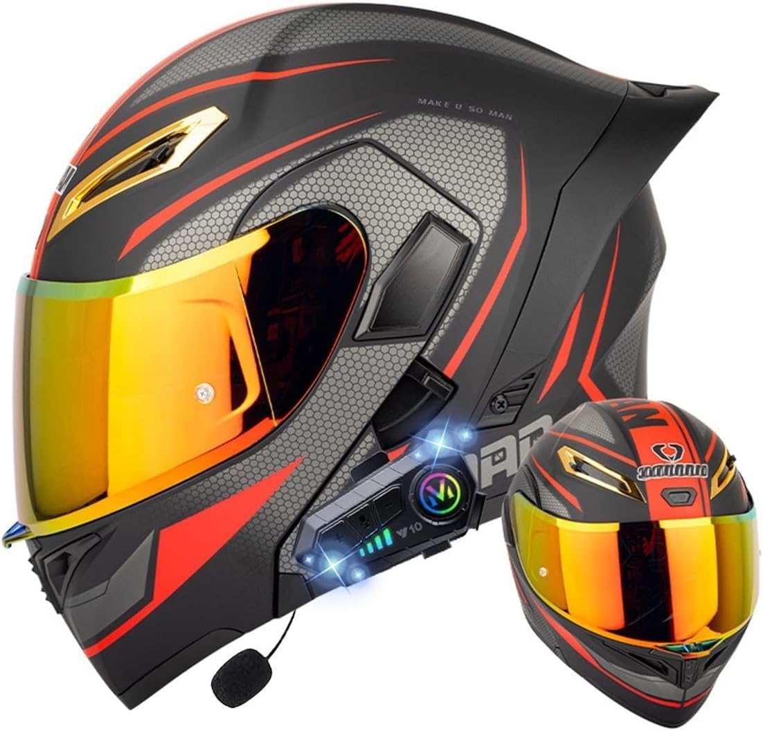 Klapphelm mit Bluetooth, Bluetooth Integralhelm Motorradhelm mit Doppelvisier, ECE Zertifiziert Hohe Qualität Helm, Verschiedene farbige Linsen, für Frauen Männer S,2XL=63-64CM von BGGNG