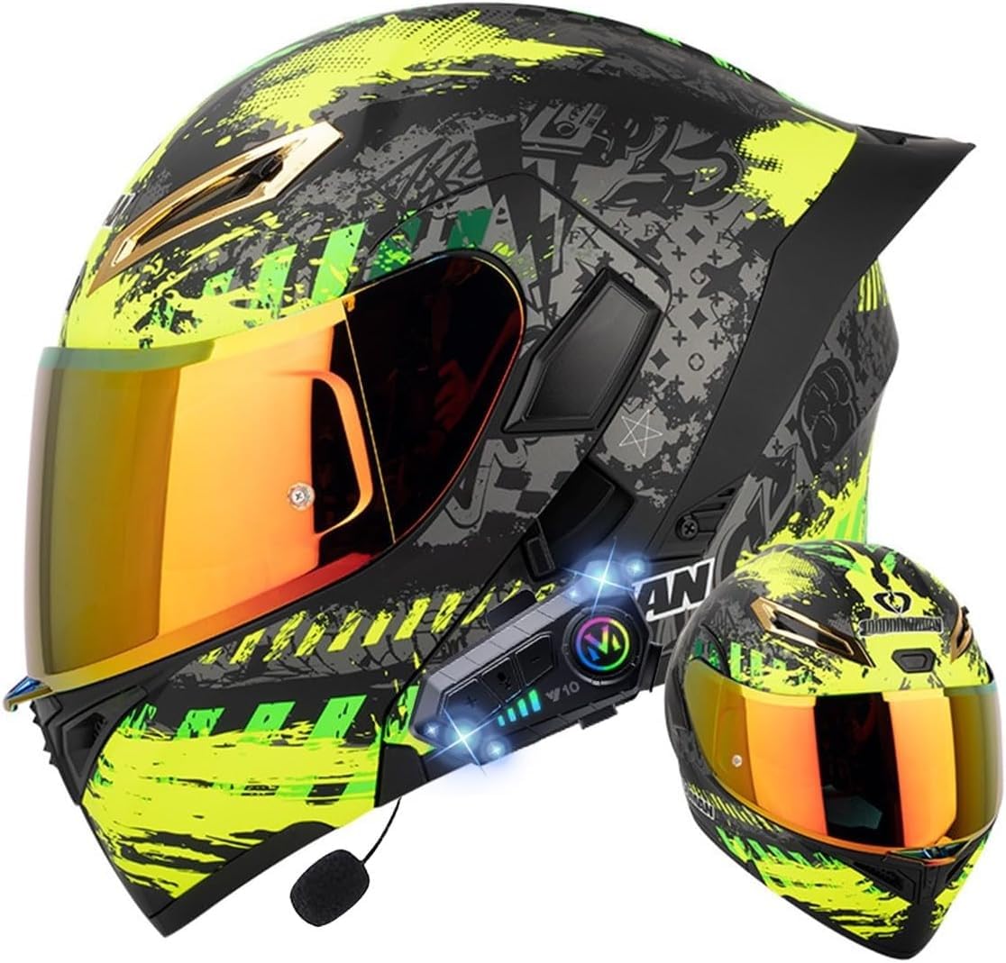 Klapphelm mit Bluetooth, Bluetooth Integralhelm Motorradhelm mit Doppelvisier, ECE Zertifiziert Hohe Qualität Helm, Verschiedene farbige Linsen, für Frauen Männer U,2XL=63-64CM von BGGNG