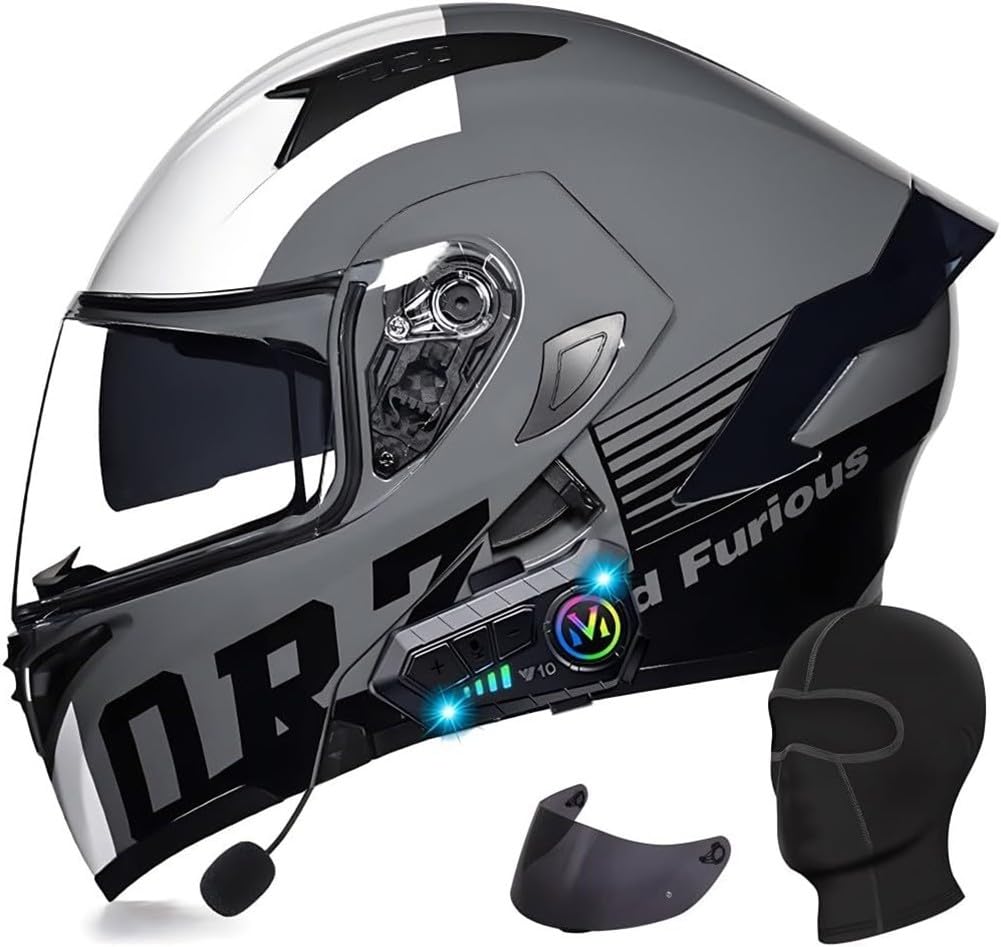 Klapphelm mit Bluetooth Motorradhelm Herren, ECE Zertifiziert Sturzhelm, Integriert Motorradhelm, mit Doppelvisier Mikrofon Motorrad Helm für Erwachsene Damen Modularer Helm B,L=59-60CM von BGGNG