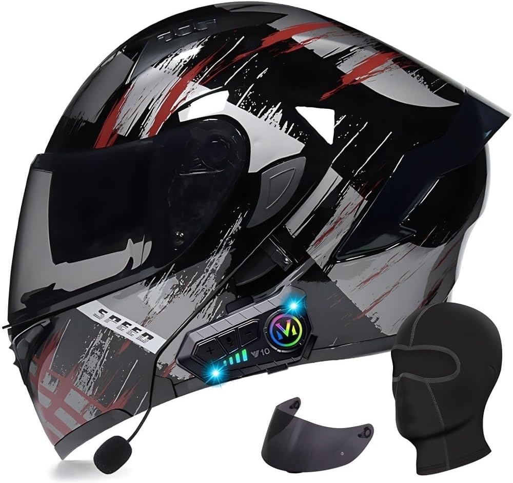 Klapphelm mit Bluetooth Motorradhelm Herren, ECE Zertifiziert Sturzhelm, Integriert Motorradhelm, mit Doppelvisier Mikrofon Motorrad Helm für Erwachsene Damen Modularer Helm C,L=59-60CM von BGGNG