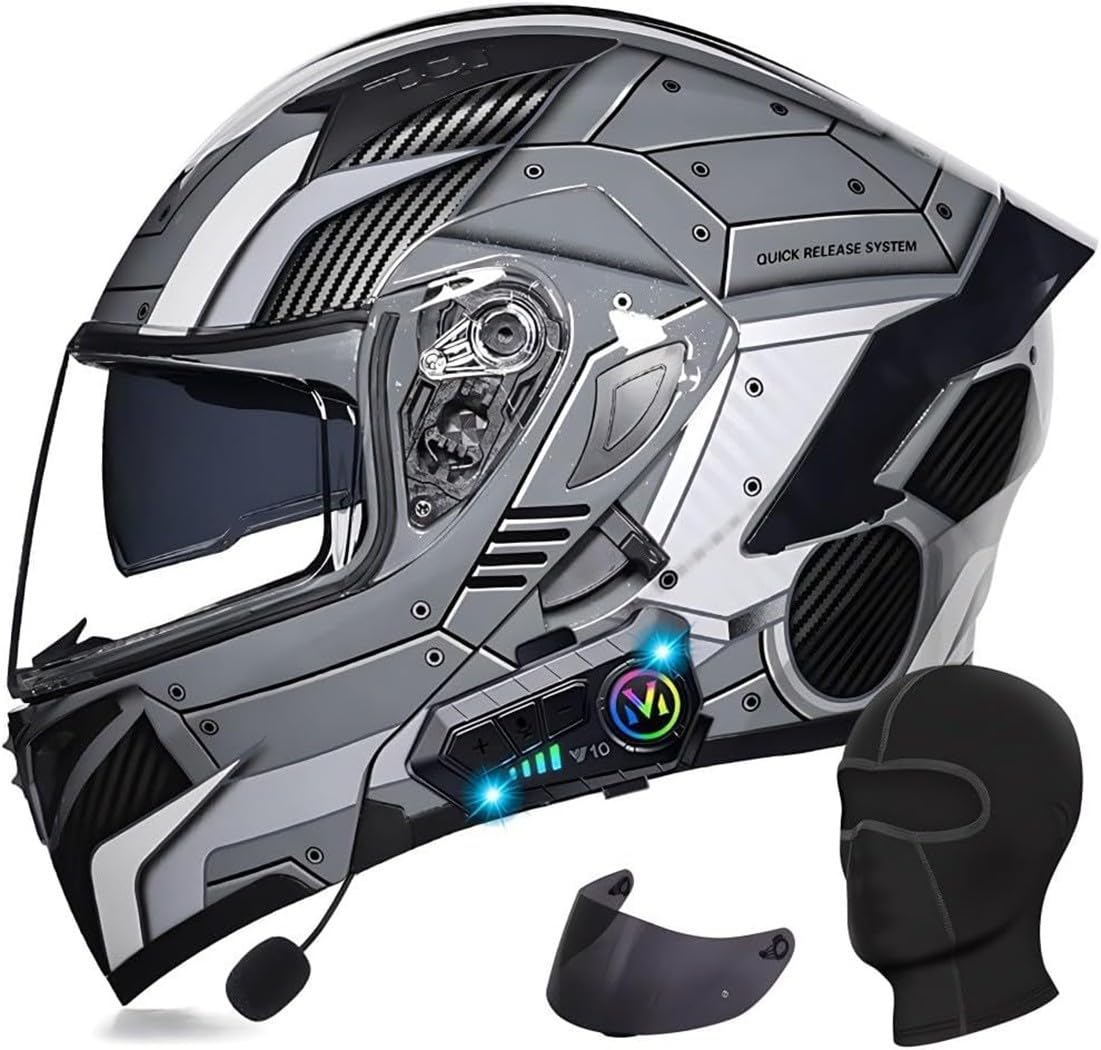 Klapphelm mit Bluetooth Motorradhelm Herren, ECE Zertifiziert Sturzhelm, Integriert Motorradhelm, mit Doppelvisier Mikrofon Motorrad Helm für Erwachsene Damen Modularer Helm E,2XL=63-64CM von BGGNG