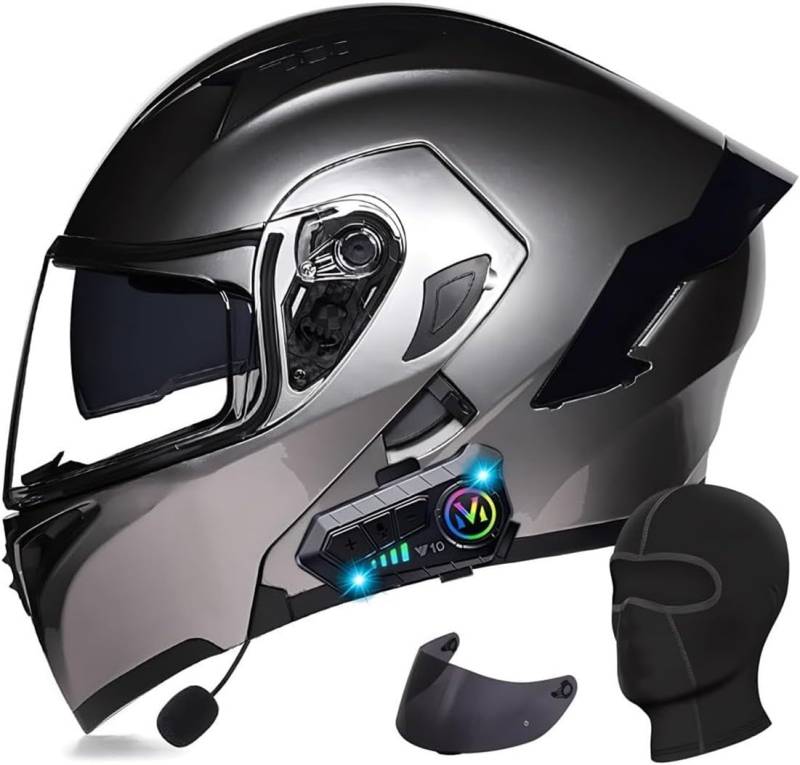 Klapphelm mit Bluetooth Motorradhelm Herren, ECE Zertifiziert Sturzhelm, Integriert Motorradhelm, mit Doppelvisier Mikrofon Motorrad Helm für Erwachsene Damen Modularer Helm F,2XL=63-64CM von BGGNG