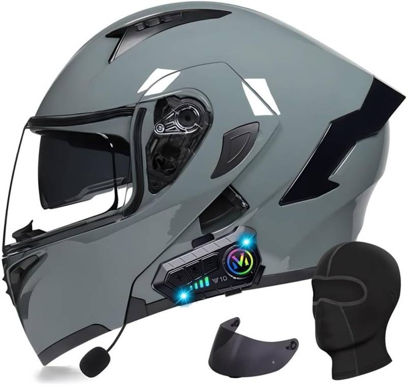 Klapphelm mit Bluetooth Motorradhelm Herren, ECE Zertifiziert Sturzhelm, Integriert Motorradhelm, mit Doppelvisier Mikrofon Motorrad Helm für Erwachsene Damen Modularer Helm M,2XL=63-64CM von BGGNG