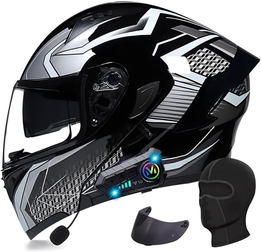 Klapphelm mit Bluetooth Motorradhelm Herren, ECE Zertifiziert Sturzhelm, Integriert Motorradhelm, mit Doppelvisier Mikrofon Motorrad Helm für Erwachsene Damen Modularer Helm P,2XL=63-64CM von BGGNG