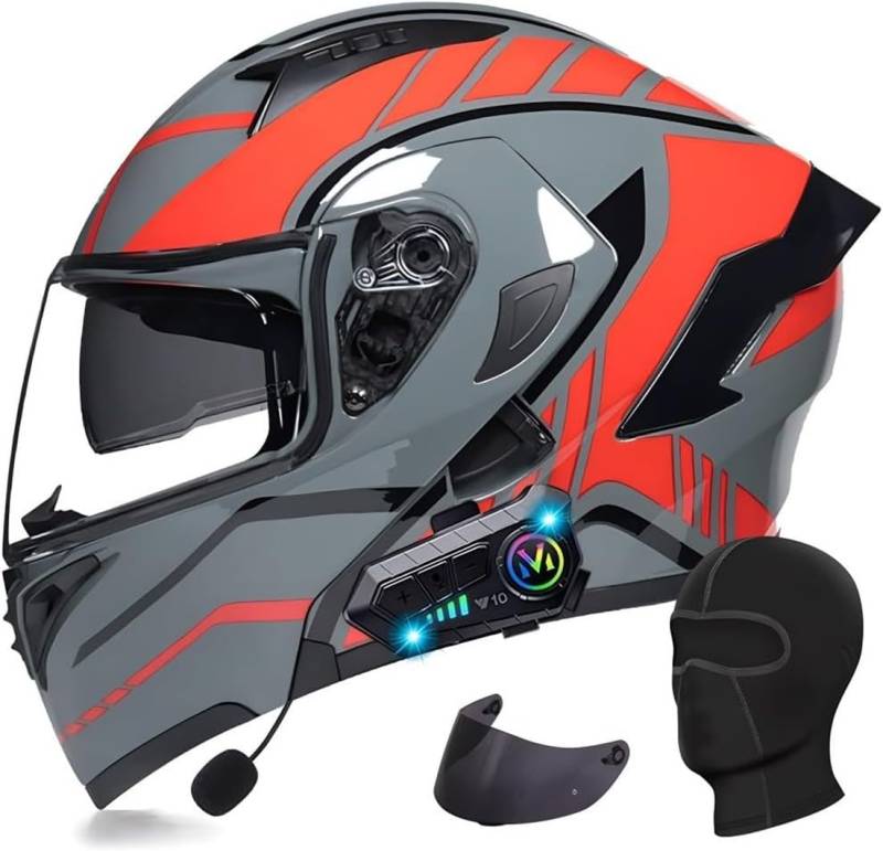 Klapphelm mit Bluetooth Motorradhelm Herren, ECE Zertifiziert Sturzhelm, Integriert Motorradhelm, mit Doppelvisier Mikrofon Motorrad Helm für Erwachsene Damen Modularer Helm R,2XL=63-64CM von BGGNG