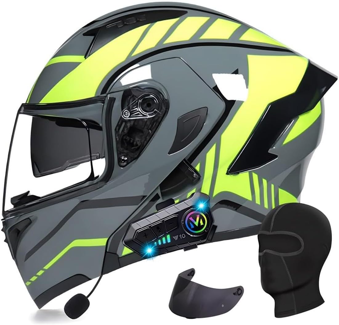 Klapphelm mit Bluetooth Motorradhelm Herren, ECE Zertifiziert Sturzhelm, Integriert Motorradhelm, mit Doppelvisier Mikrofon Motorrad Helm für Erwachsene Damen Modularer Helm S,2XL=63-64CM von BGGNG