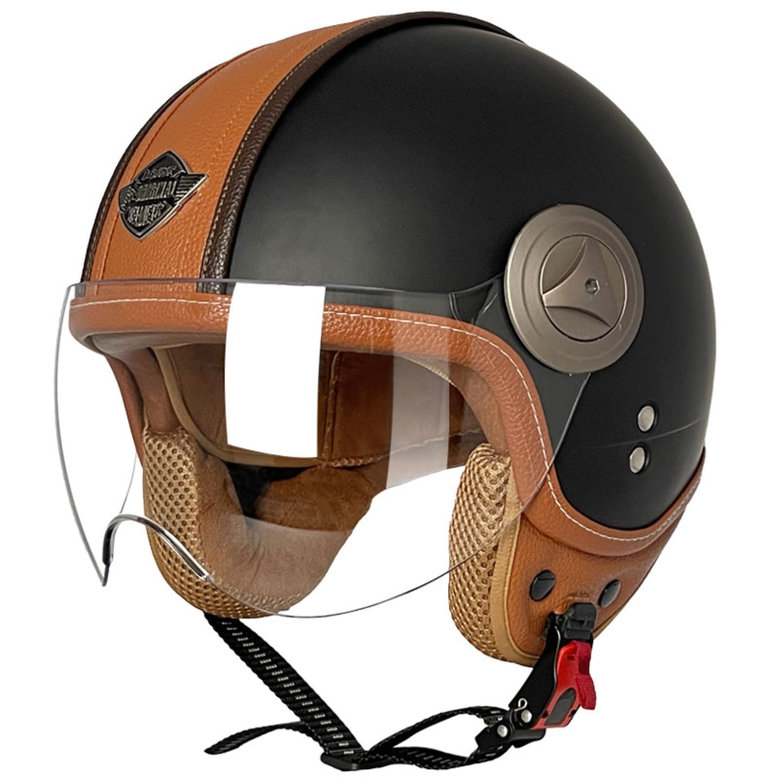 Motorradhelm Jethelm 3/4 Helm ECE Zertifizierung Motorrad Retro Halbhelm Lederhelme Scooter Helm Rollerhelm Jet-Helm mit Visier Erwachsene Damen Und Herren D,L=59-60CM von BGGNG