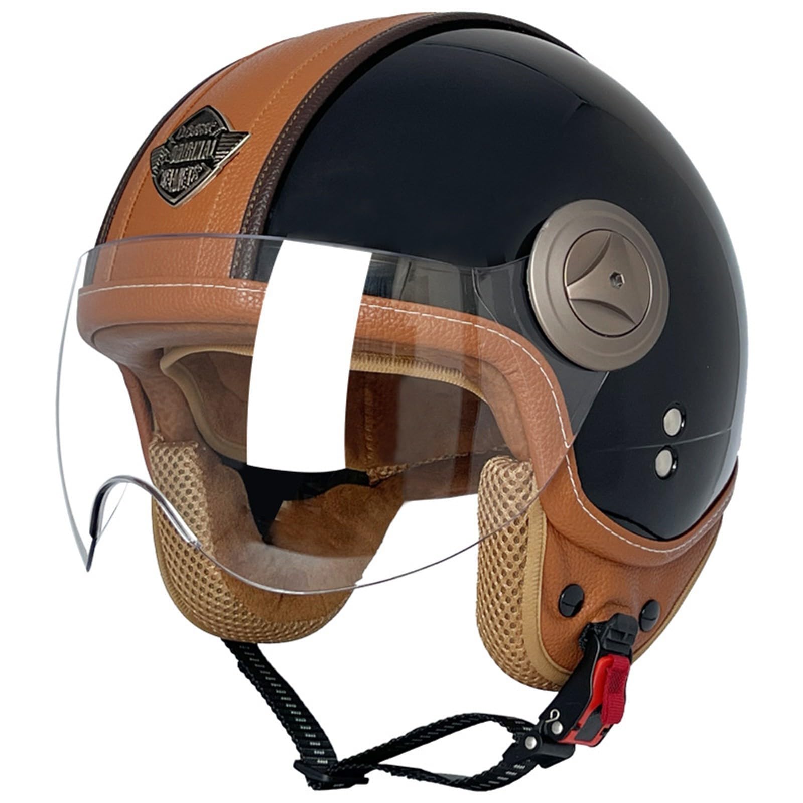 Motorradhelm Jethelm 3/4 Helm ECE Zertifizierung Motorrad Retro Halbhelm Lederhelme Scooter Helm Rollerhelm Jet-Helm mit Visier Erwachsene Damen Und Herren E,L=59-60CM von BGGNG