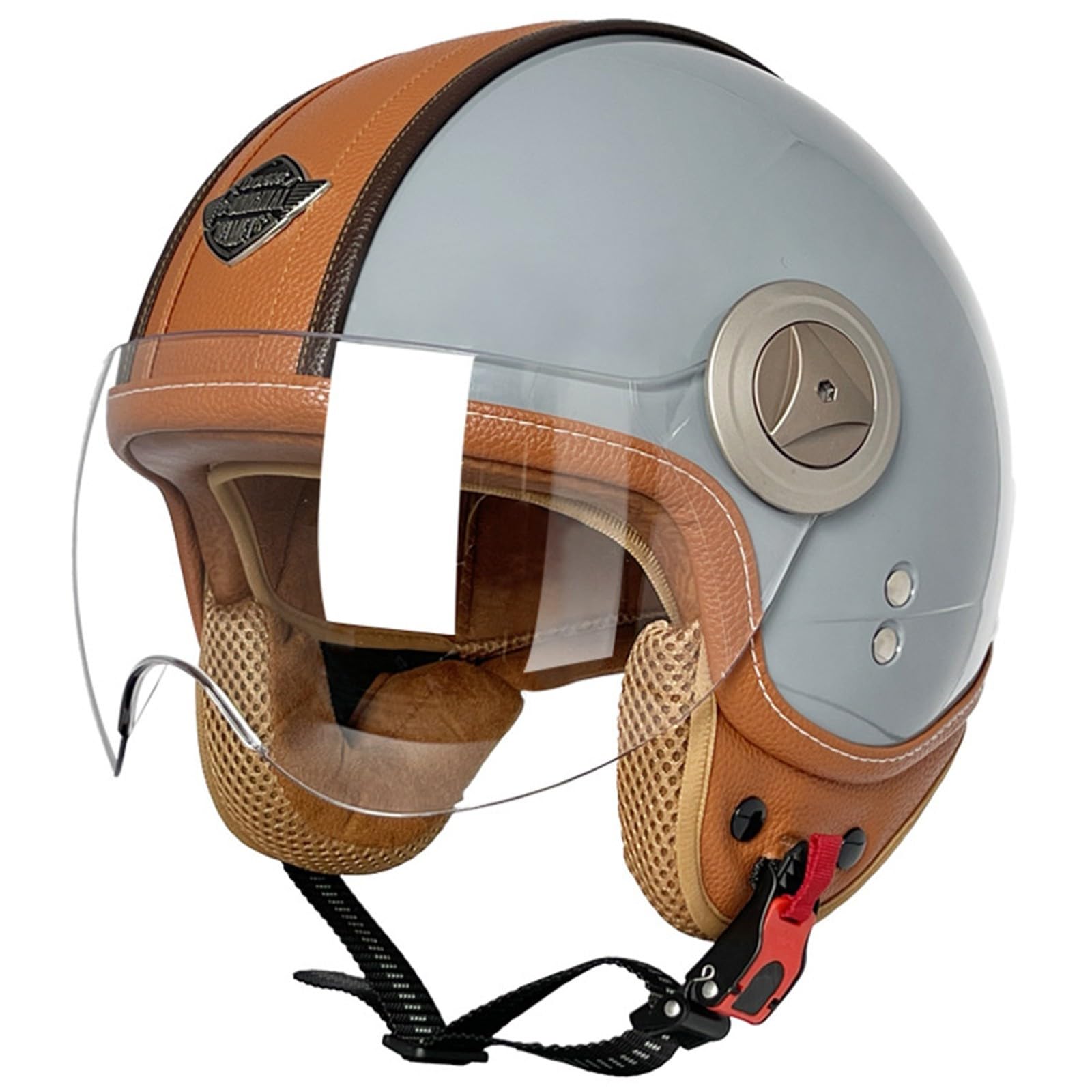 Motorradhelm Jethelm 3/4 Helm ECE Zertifizierung Motorrad Retro Halbhelm Lederhelme Scooter Helm Rollerhelm Jet-Helm mit Visier Erwachsene Damen Und Herren F,L=59-60CM von BGGNG