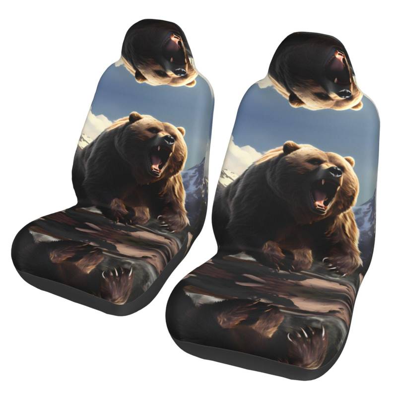 BGHEWRT Fierce Grizzly Bears Autositzbezüge, Doppelschutz, hochelastisch, Polyester, 2er-Set, geeignet für universellen Schutz für Autos, SUVs, LKWs, Lieferwagen von BGHEWRT