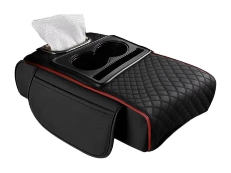 Auto Armlehnenbox Auto Armlehne Box Mit Getränkehalter Tissue Box Organizer Tasche Armlehne Box Pad Seite Erweiterung Kissen Verdicken(Black Red) von BGHGCVAOK