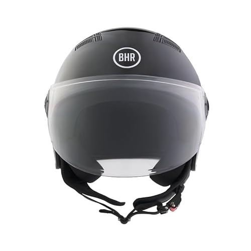 BHR Helm Demi-Jet 834 FLOW - Sommer-Rollerhelm Homologiert ECE 22.06 mit 16 Belüftungslöchern - Vespa-Helm mit Kratzfestem Visier und Mikrometrischer Auslösung - Schwarz Metallic L von BHR