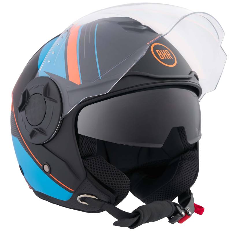 BHR Jet Helm Double Visor 830 Flash, Scooter Helm mit ECE 22.06 Zulassung, Leichter & komfortabler Jet Helm mit innenliegender Sonnenblende, Cool Black (Matt), M von BHR