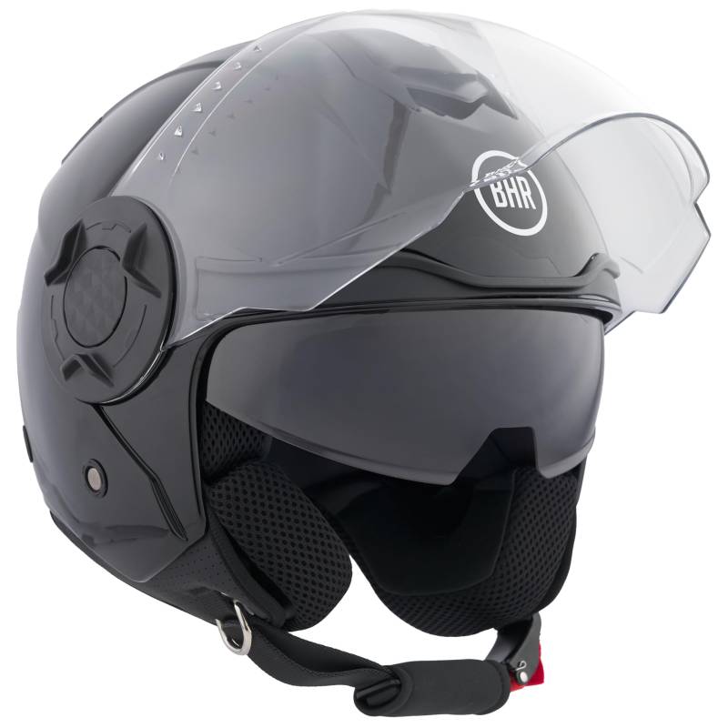 BHR Jet Helm Double Visor 830 FLASH, Scooter Helm mit ECE 22.06 Zulassung, Leichter & komfortabler Jet Helm mit innenliegender Sonnenblende, Metallisch schwarz, M von BHR