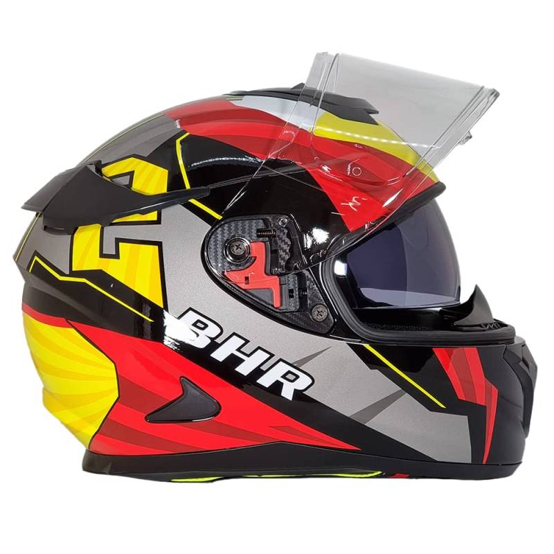 BHR Full Face Motorradhelm mit Doppelvisier 813 RACE | Full Face Motorradhelm ECE homologiert mit Sonnenblende | Mann/Frau | ROT/GELB | XS von BHR