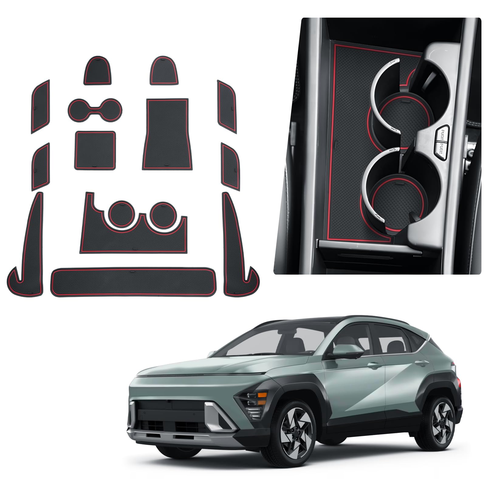 BIBIBO Antirutschmatten kompatibel mit Hyundai Kona SX2 EV Elektro 2024 2025, rutschfeste Gummimatten, Antirutsch Türschlitzmatten, Schutzmatten für Türfächer & Mittelkonsole (Rot (EV Elektro)) von BIBIBO